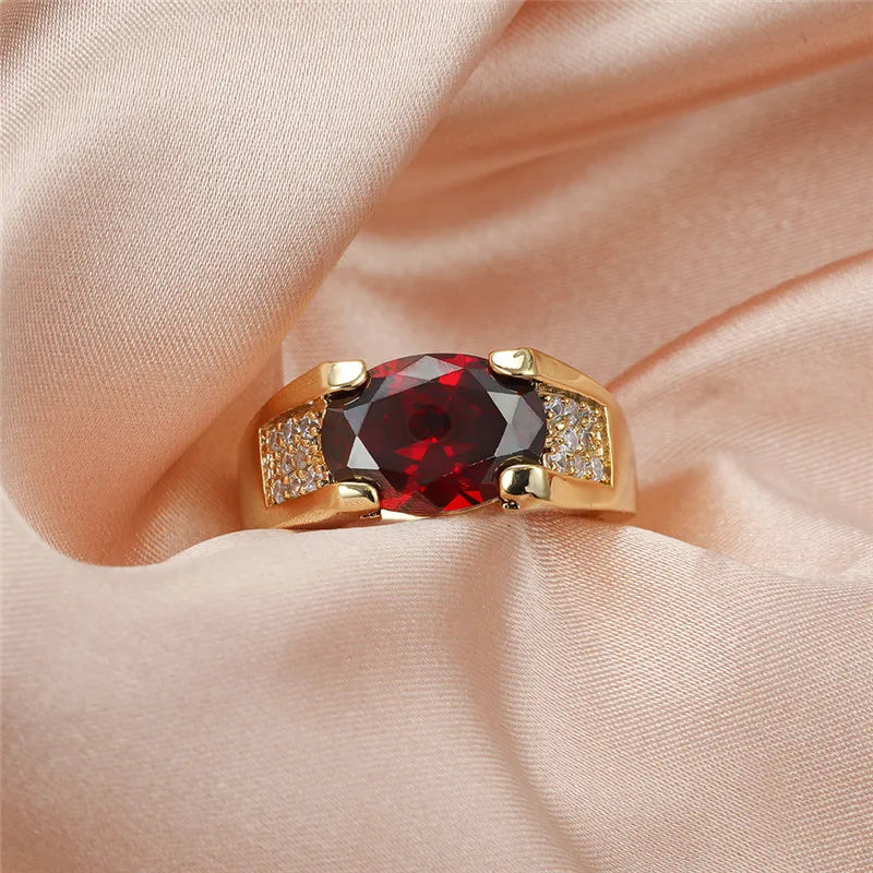 Charm Mannelijke Vrouwelijke Rode Kristalsteen Ring Geel Goud Kleur Dunne Trouwringen Voor Vrouwen Luxe Ovale Zirkoon Verlovingsring