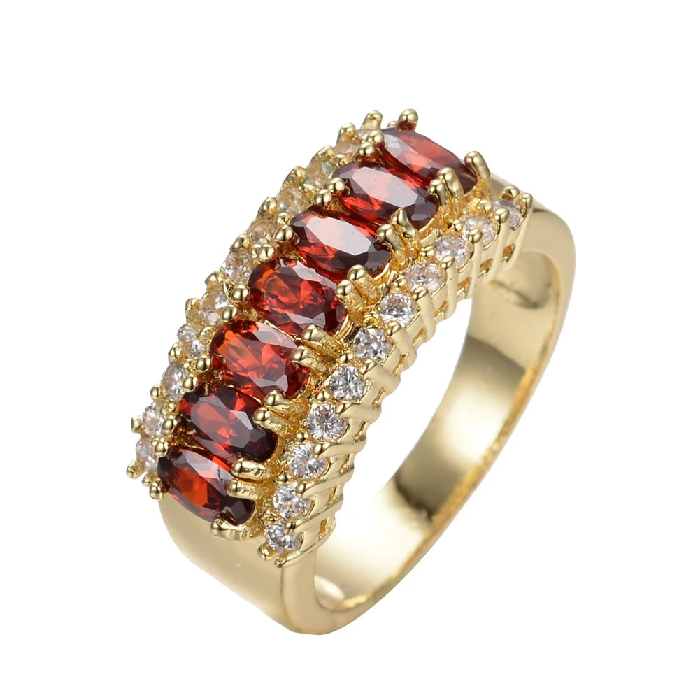 Luxe Vrouwelijke Rode Kristal Steen Ring Charm Grote Gouden Kleur Bruiloft Sieraden Voor Vrouwen Belofte Geometrische Zirkoon Verlovingsringen