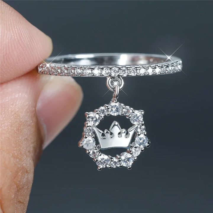 Luxe Vrouwelijke Kristallen Kroon Hanger Ring Trendy Goud Zilver Kleur Engagement Sieraden Zirkoon Steen Trouwringen Voor Vrouwen