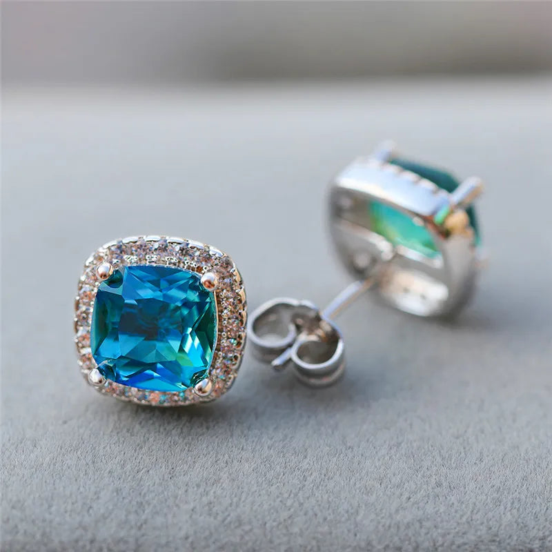 Elegante vrouwelijke vierkante blauwe steen oorbellen schattige zirkoon bruiloft oorbellen eenvoudige rose gouden kleur oorknopjes voor vrouwen
