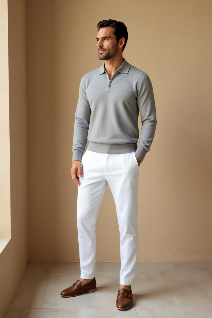 Knit Polo Shirt – Turn Down Collar & Adjustable Zip