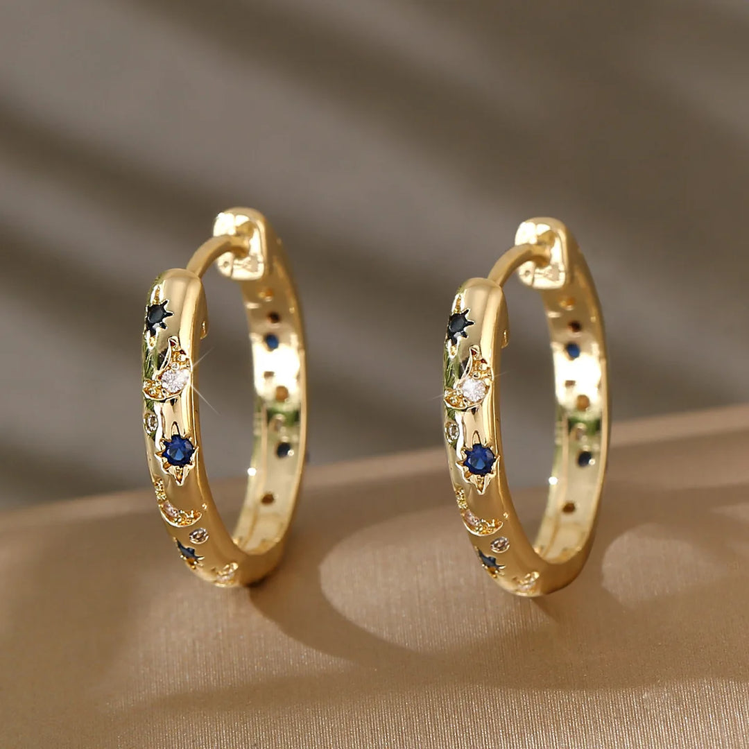 Crystal White Blue Zircon Stone Round Hoop Earrings For Women Fashion Female Yellow Gold Color Wedding Jewelry