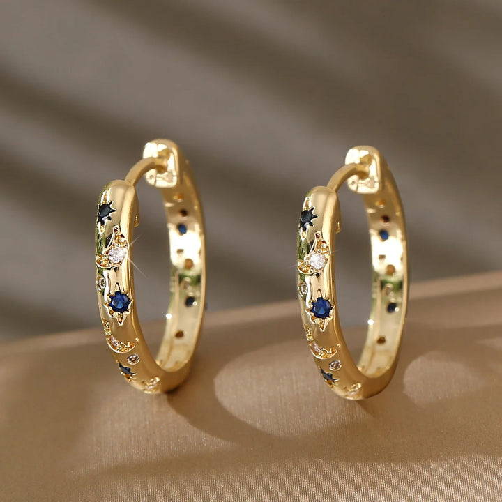 Crystal White Blue Zircon Stone Round Hoop Earrings For Women Fashion Female Yellow Gold Color Wedding Jewelry