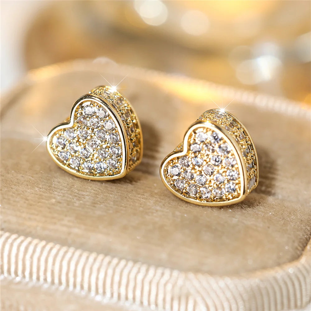 Schattige Vrouwelijke Witte Hart Zirkoon Steen Stud Oorbellen Goud Kleur Sierlijk Cadeau Bruiloft Sieraden Voor Vrouwen