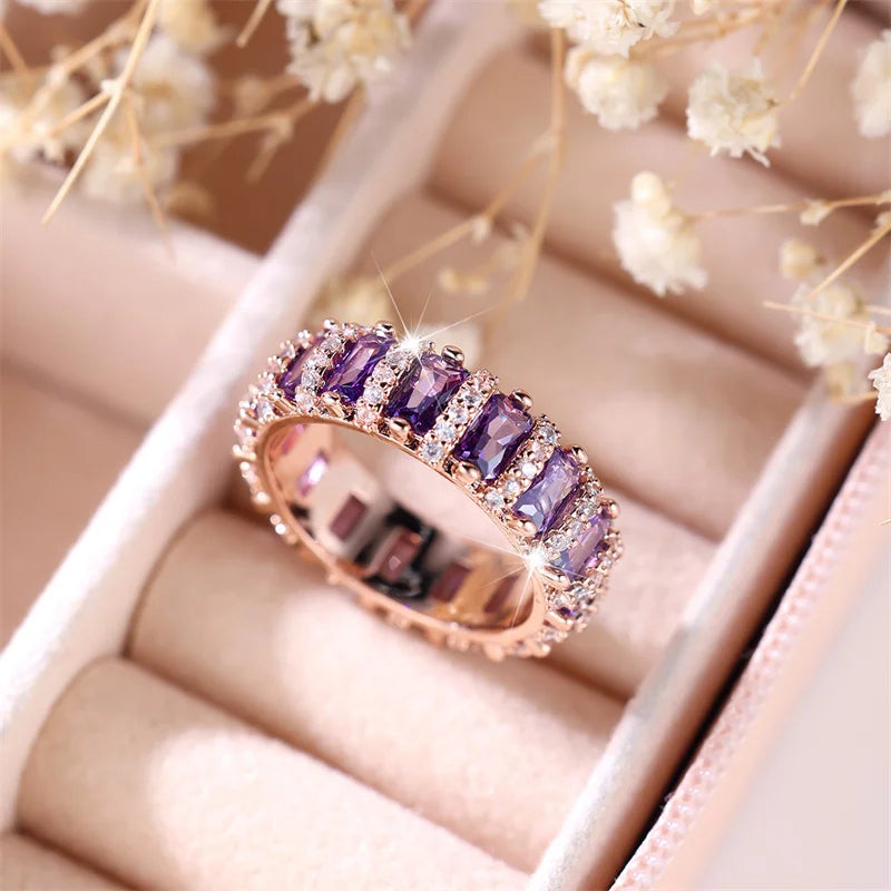 Luxe Vrouwelijke Paarse Zirkoon Stenen Ring Trendy Rose Goud Kleur Engagement Bruiloft Sieraden Cadeau Voor Vrouwen