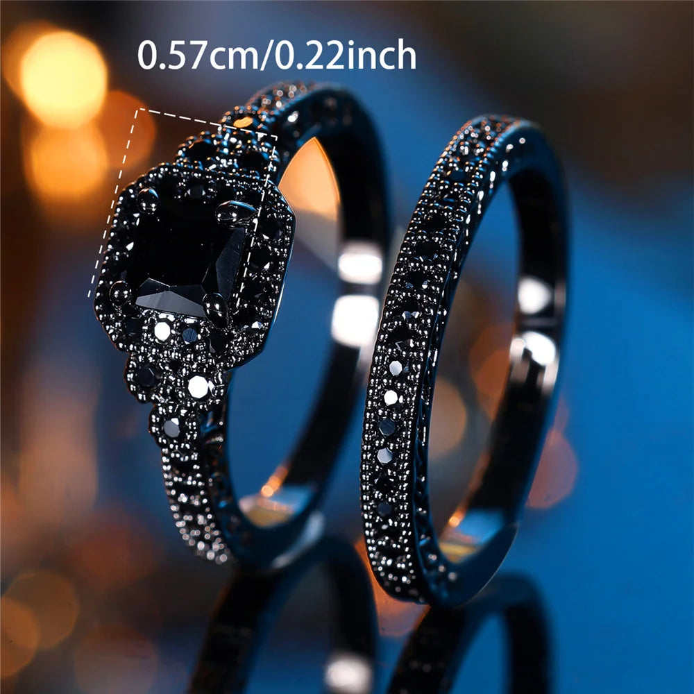 Midnight Promise | Black Square Crystal Ring Set