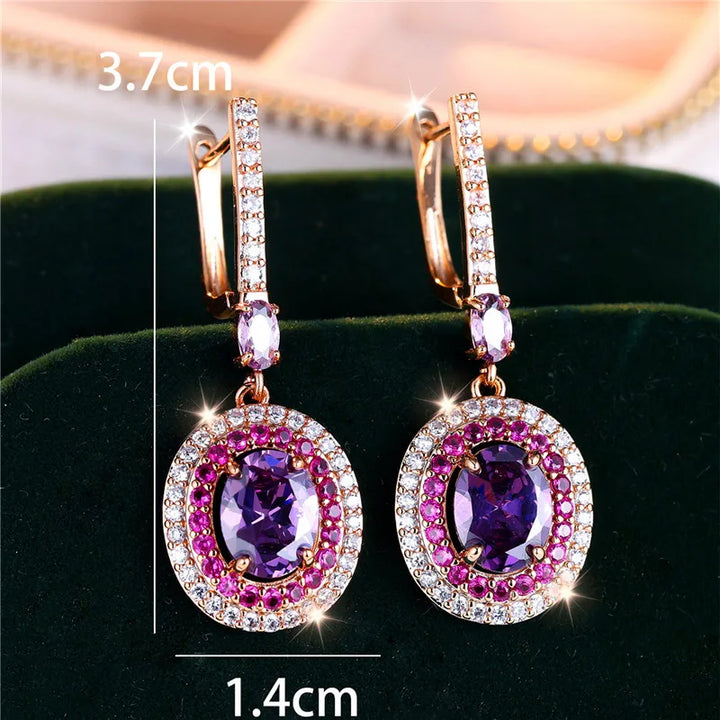 Luxe Vrouwelijke Rood Paars Ovale Zirkoon Steen Clip Oorbellen Charme Goud Kleur Bruiloft Sieraden Voor Vrouwen