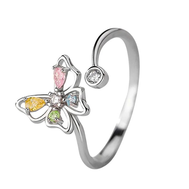Charme Vrouwelijke Regenboog Kristal Verstelbare Vlinder Open Ring Zilver Kleur Leuke Gift Bruiloft Sieraden Voor Vrouwen