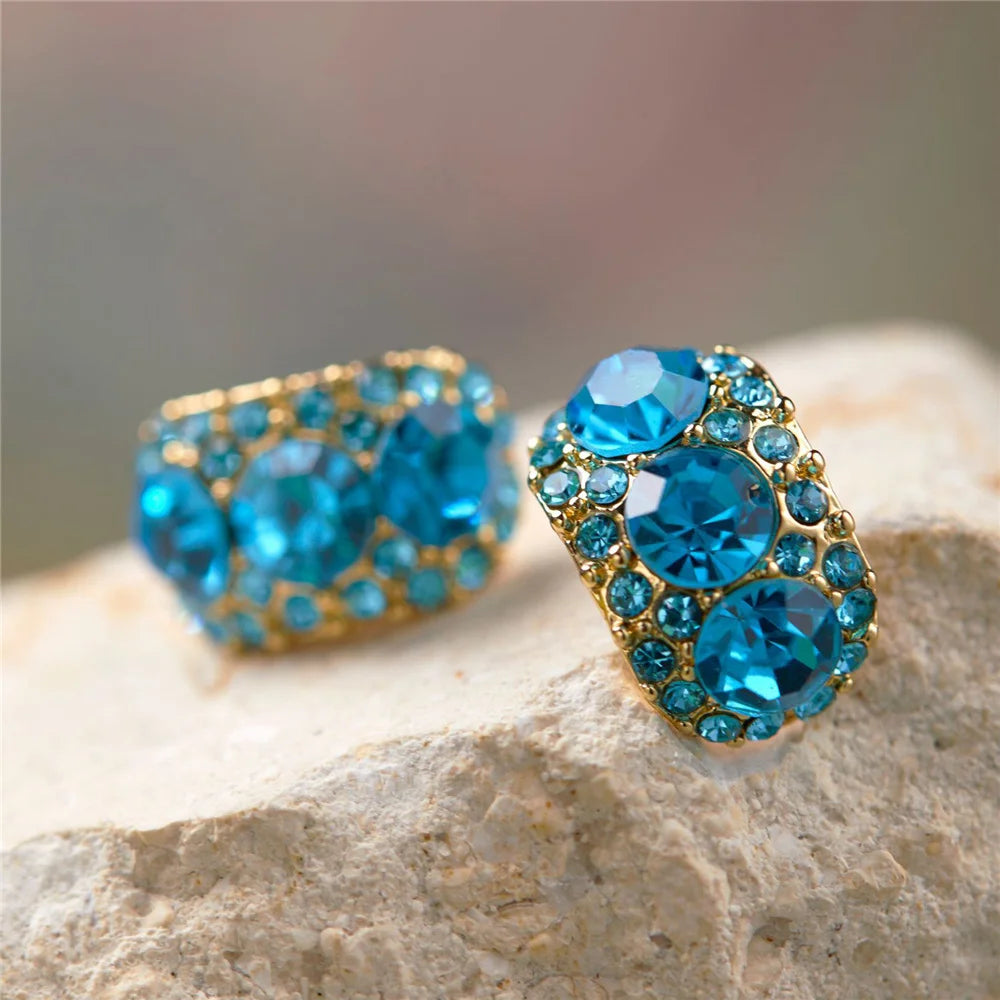 Elegante Vrouwelijke Blauwe Strass Clip Oorbellen 2024 Trend Gouden Kleur Bruiloft Sieraden Voor Vrouwen