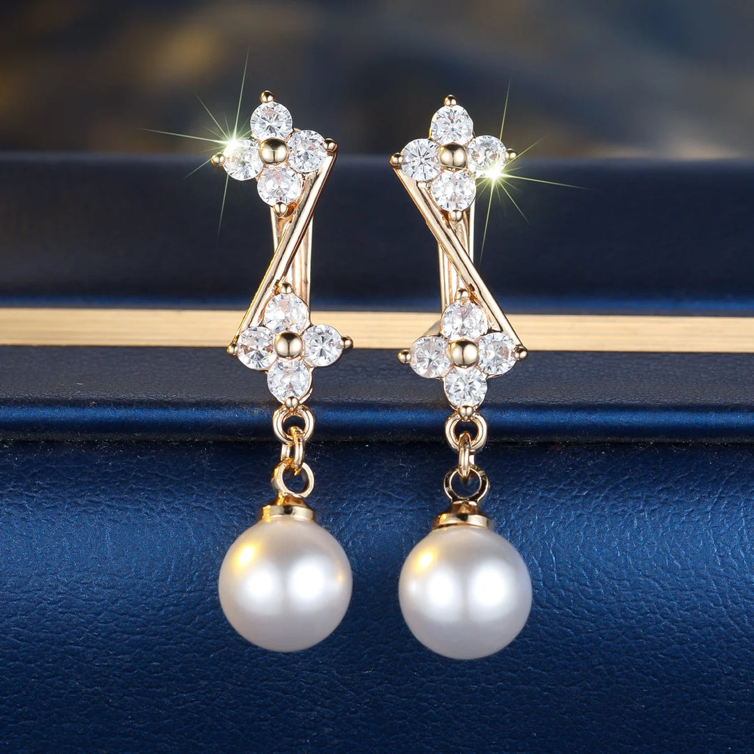 Witte Parel Zirkoon Steen Bloem Hoepel Oorbellen Luxe Vrouwelijke Gouden Kleur Bruiloft Sieraden Voor Vrouwen