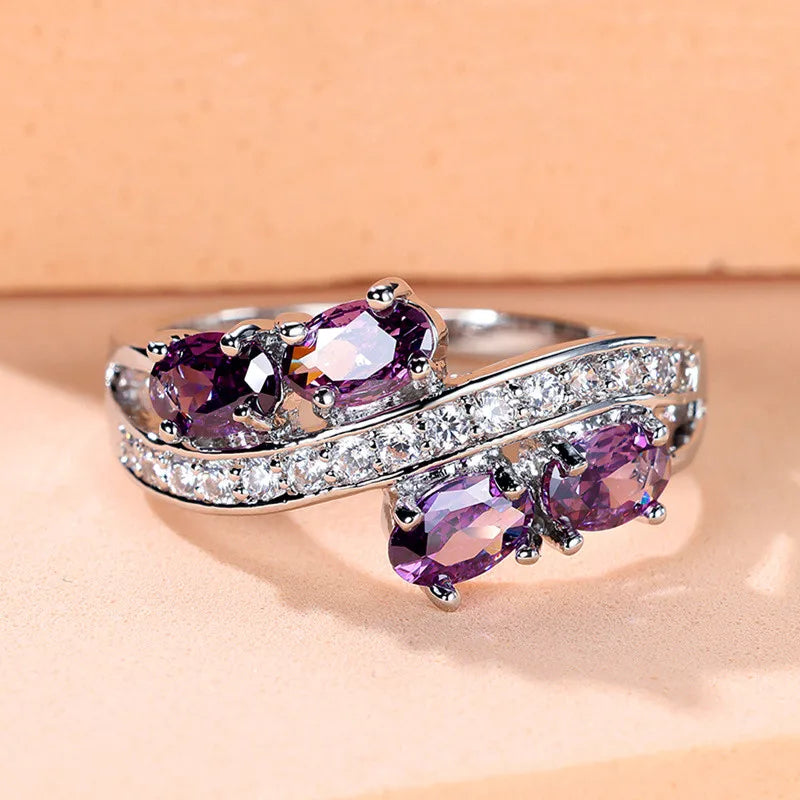 Elegante Vrouwelijke Kristal Paars Ovale Zirkoon Steen Verlovingsring Schattige Bruiloft Sieraden Voor Vrouwen