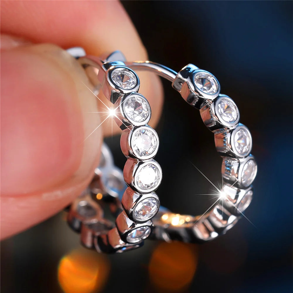 Kristal Groen Blauw Zwart Paars Ronde Zirkoon Steen Hoepel Oorbellen Voor Vrouwen Mode Vrouwelijke Zilveren Kleur Bruiloft Sieraden