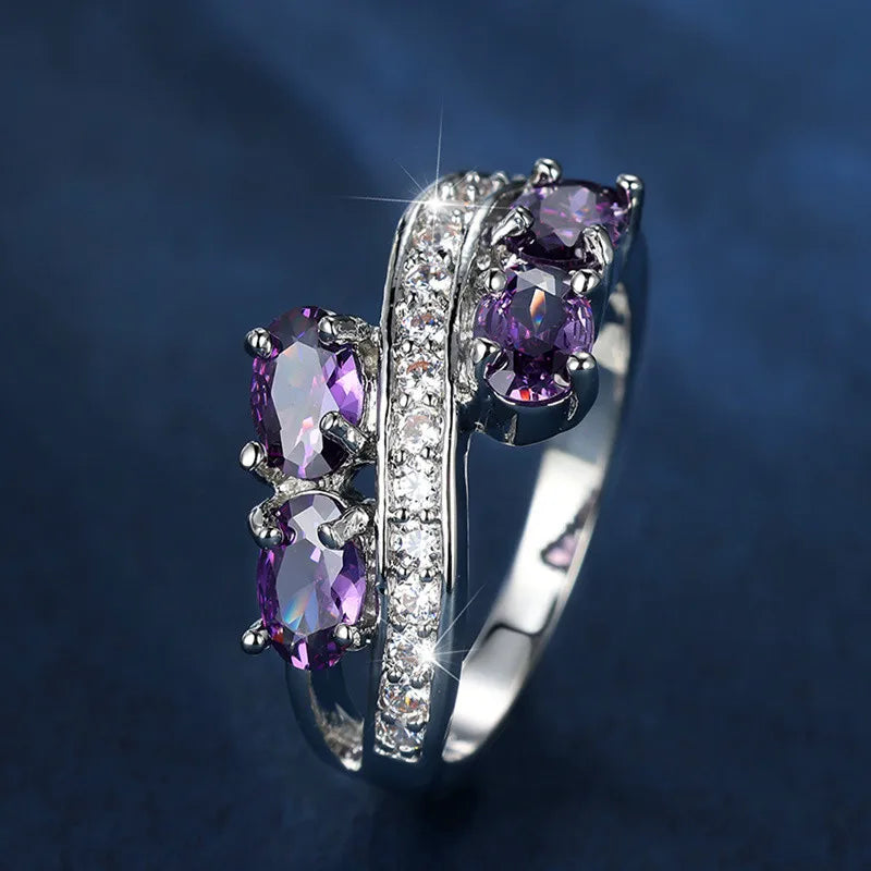 Elegante Vrouwelijke Kristal Paars Ovale Zirkoon Steen Verlovingsring Schattige Bruiloft Sieraden Voor Vrouwen