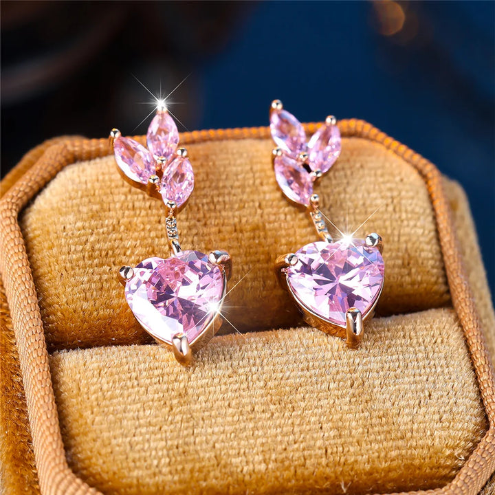 Bedel Vrouwelijke Roze Hart Boom Blad Zirkoon Steen Stud Oorbellen Goud Kleur Sierlijk Cadeau Bruiloft Sieraden Voor Vrouwen