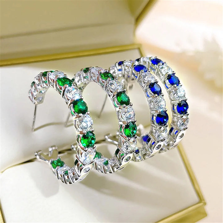 Schattige Vrouwelijke Witte Groene Blauwe Zirkoon Steen Ronde Clip Oorbellen Mode Zilveren Kleur Bruiloft Sieraden Voor Vrouwen