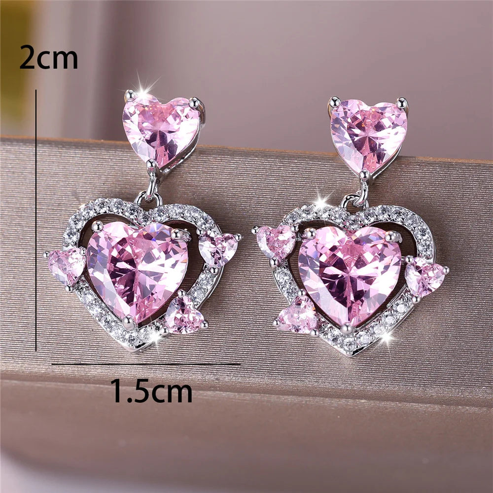 Leuke vrouwelijke steen wit roze zirkoon liefde hart Stud Oorbellen zilveren kleur bruiloft sieraden voor vrouwen