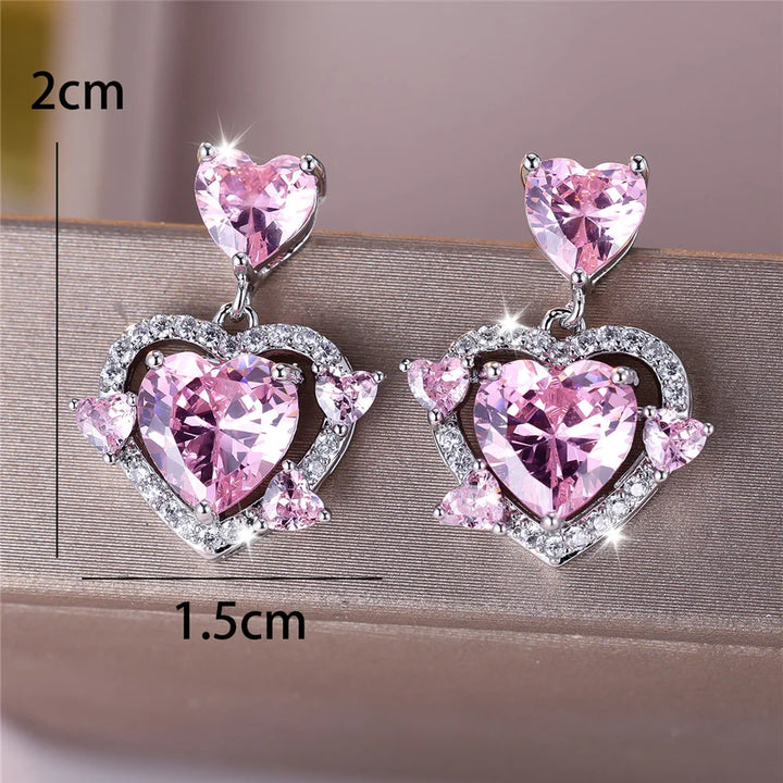 Leuke vrouwelijke steen wit roze zirkoon liefde hart Stud Oorbellen zilveren kleur bruiloft sieraden voor vrouwen
