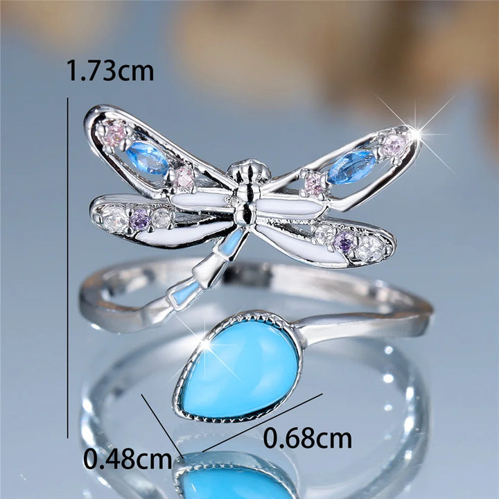 Bedel Vrouwelijke Witte Groene Steen Waterdruppel Libel Verstelbare Open Ring Zilveren Kleur Schattige Bruiloft Sieraden Voor Vrouwen