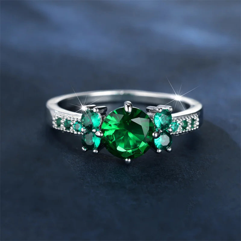 Luxe Vrouwelijke Charme Groen Roze Kristal Zilveren Kleur Ringen Voor Vrouwen Ronde Stenen Verloving Bruiloft Sieraden