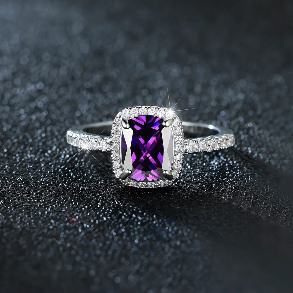 Luxe vrouwelijke paarse zirkoon steen verlovingsring charme zilveren kleur bruiloft sieraden voor vrouwen