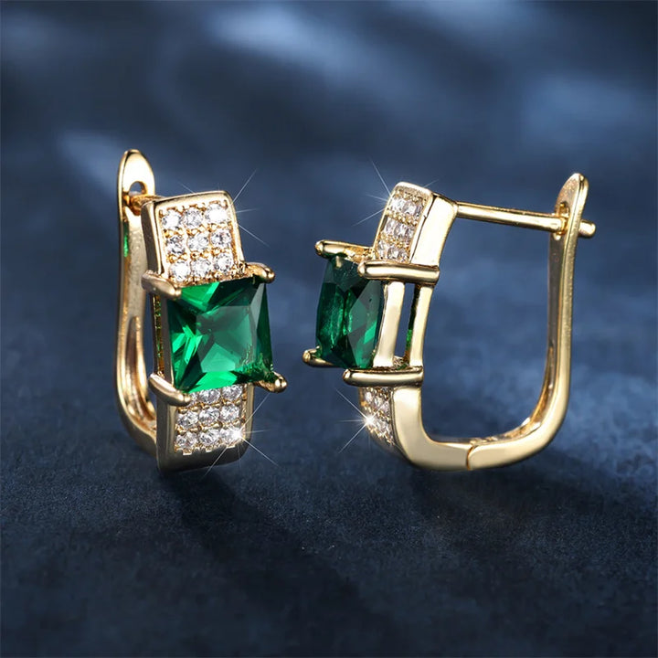 Schattige Vrouwelijke Groene Stenen Clip Oorbel Luxe Witte Kristallen Sieraden Gouden Kleur Bruiloft Oorbellen Voor Vrouwen