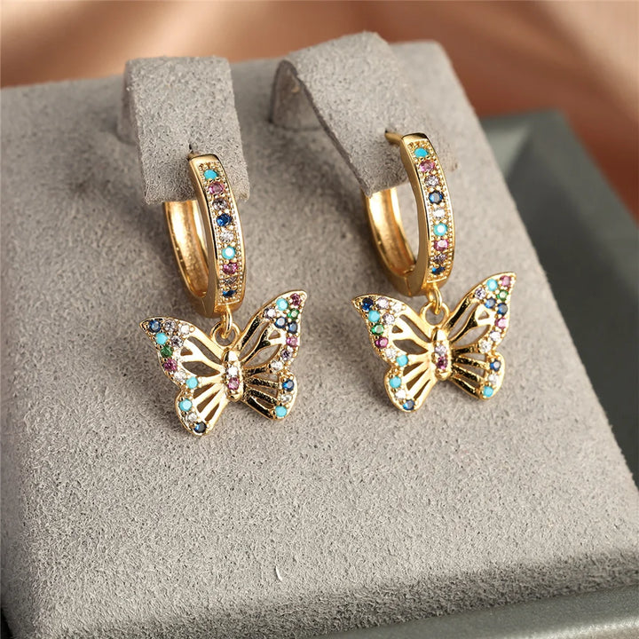 Leuke vrouwelijke kleurrijke vlinder ronde zirkoon steen hoepel oorbellen goud kleur unieke vriendin geschenken bruiloft sieraden voor vrouwen