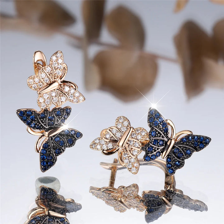 Charme Vrouwelijke Wit Blauw Kristal Zirkoon Steen Vlinder Hoepel Oorbellen Goud Kleur Eenvoudige Bruiloft Sieraden Voor Vrouwen