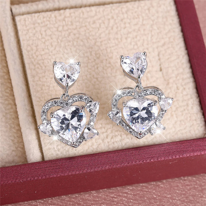 Leuke vrouwelijke steen wit roze zirkoon liefde hart Stud Oorbellen zilveren kleur bruiloft sieraden voor vrouwen