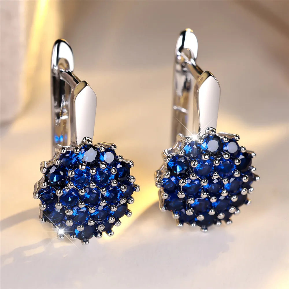 Leuke Zonnebloem Blauw Kristal Ronde Zirkoon Hoepel Oorbellen Voor Vrouwen Goud Kleur Bruiloft Bloem Sieraden Verlovingscadeau