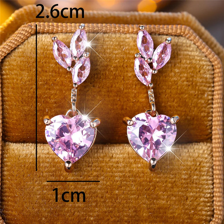 Bedel Vrouwelijke Roze Hart Boom Blad Zirkoon Steen Stud Oorbellen Goud Kleur Sierlijk Cadeau Bruiloft Sieraden Voor Vrouwen