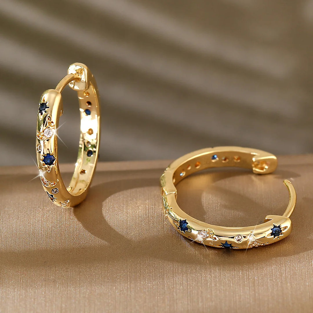 Crystal White Blue Zircon Stone Round Hoop Earrings For Women Fashion Female Yellow Gold Color Wedding Jewelry