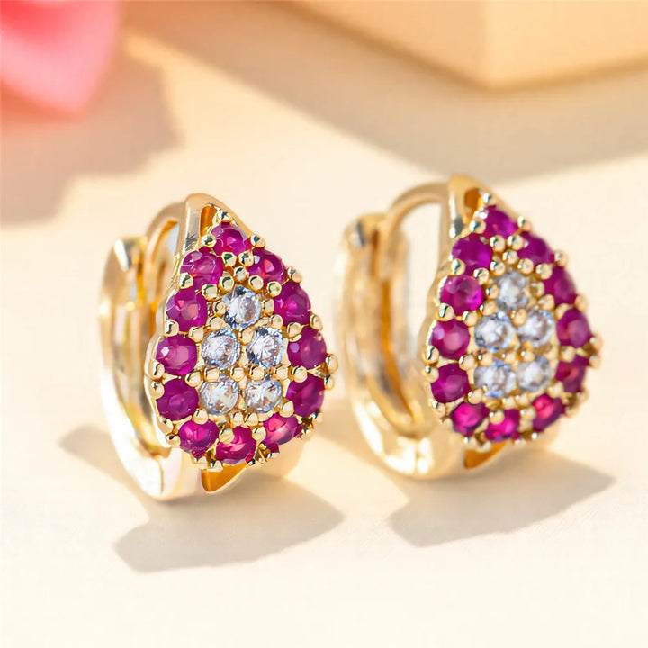 Charme Vrouwelijke Rose Rode Zirkoon Steen Hoepel Oorbellen Luxe Gouden Kleur Bruiloft Sieraden Voor Vrouwen