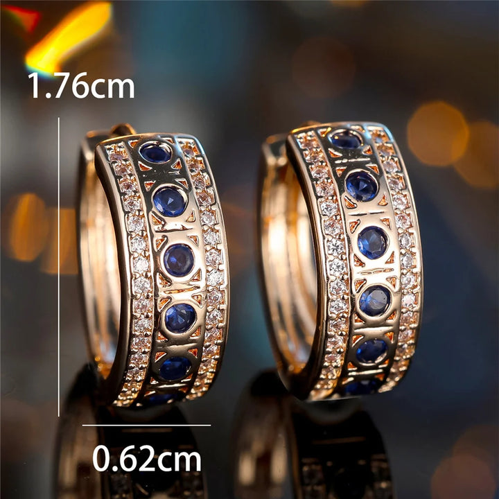 Leuke Vrouwelijke Blauwe Ronde Zirkoon Steen Hoepel Oorbellen Mode Gouden Kleur Bruiloft Sieraden Voor Vrouwen