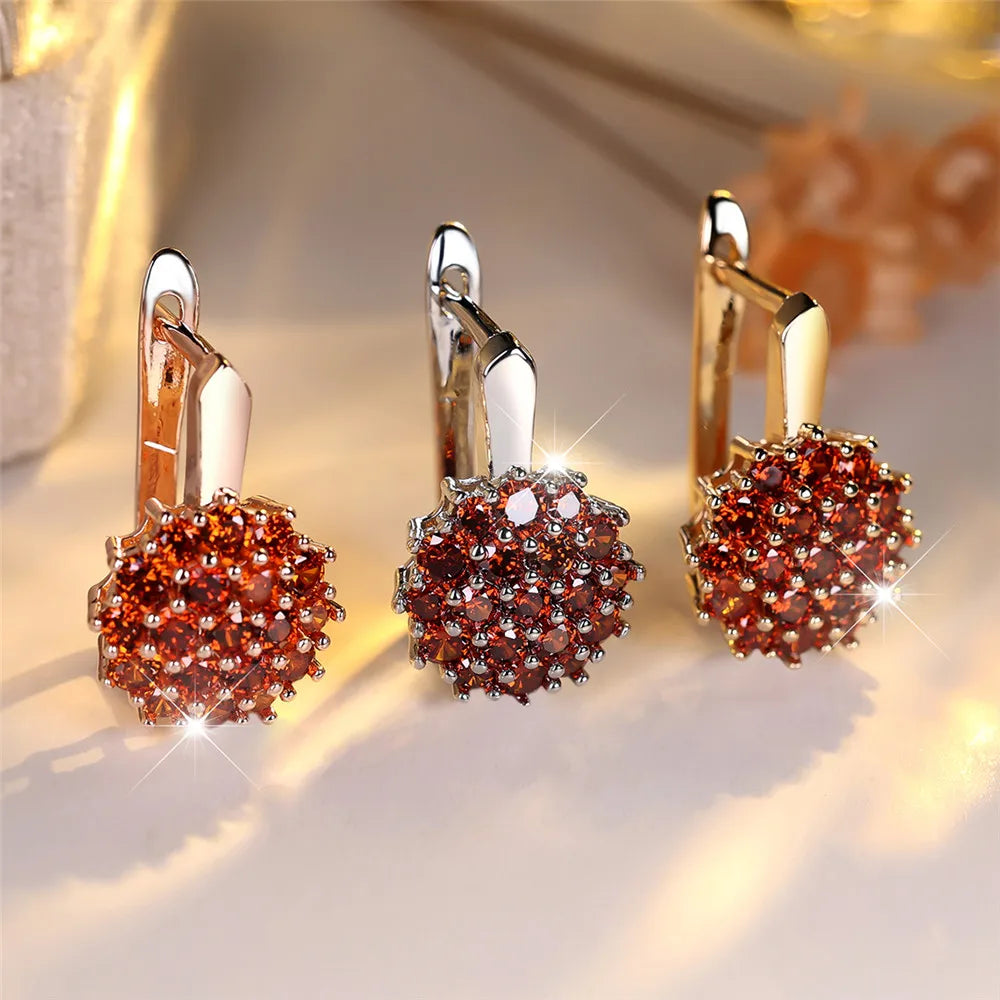 Rode Zirkoon Luxe Kristallen Zonnebloem Hoepel Oorbellen Voor Vrouwen Rose Goud Kleur Bruiloft Bloem Sieraden Verjaardagscadeau