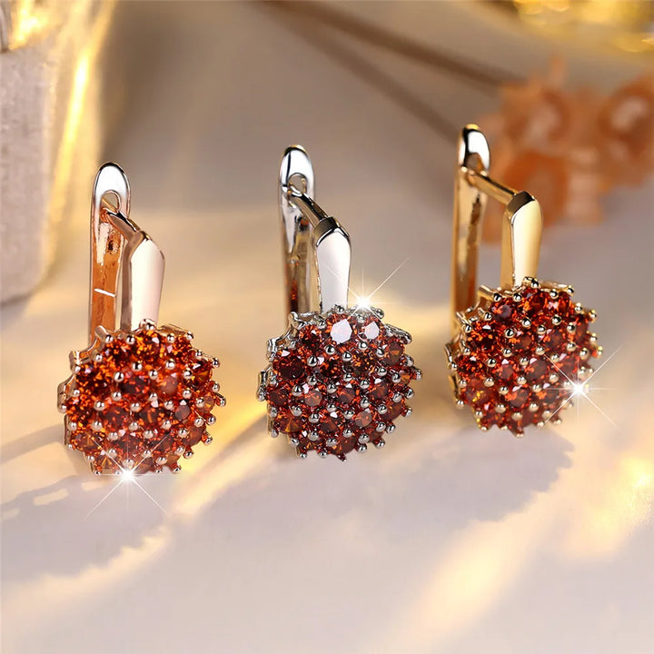 Rode Zirkoon Luxe Kristallen Zonnebloem Hoepel Oorbellen Voor Vrouwen Rose Goud Kleur Bruiloft Bloem Sieraden Verjaardagscadeau