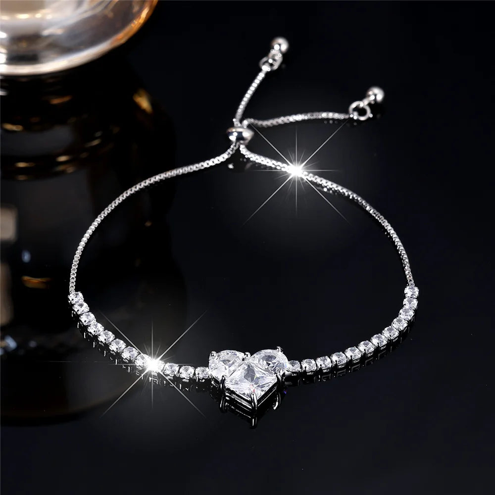 Charme Vrouwelijke Roze Witte Zirkoon Steen Liefde Hart Armband Leuke Zilver Goud Kleur Verstelbare Bruiloft Sieraden Voor Vrouwen