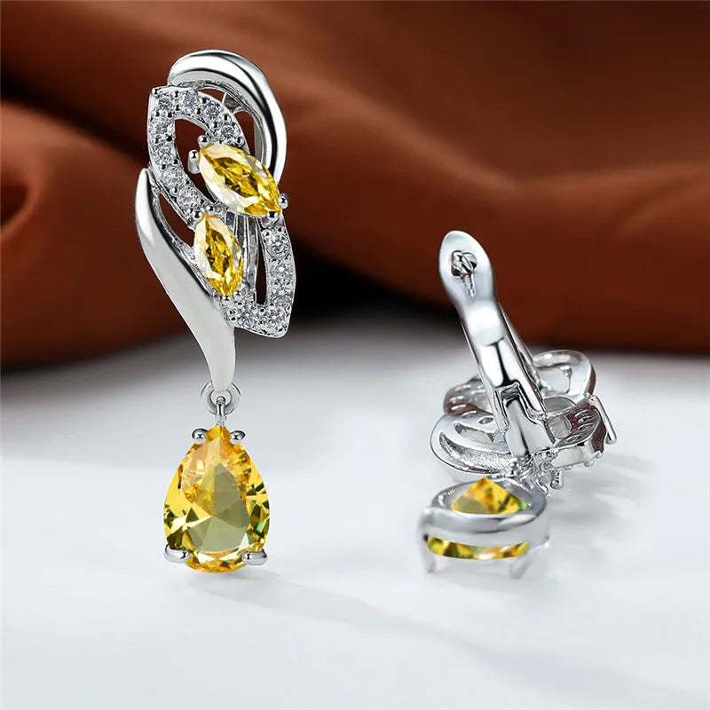 Luxe Vrouwelijke Groene Steen Zilver Kleur Clip Oorbellen Voor Vrouwen Charm Crystal Zirkoon Bruiloft Sieraden