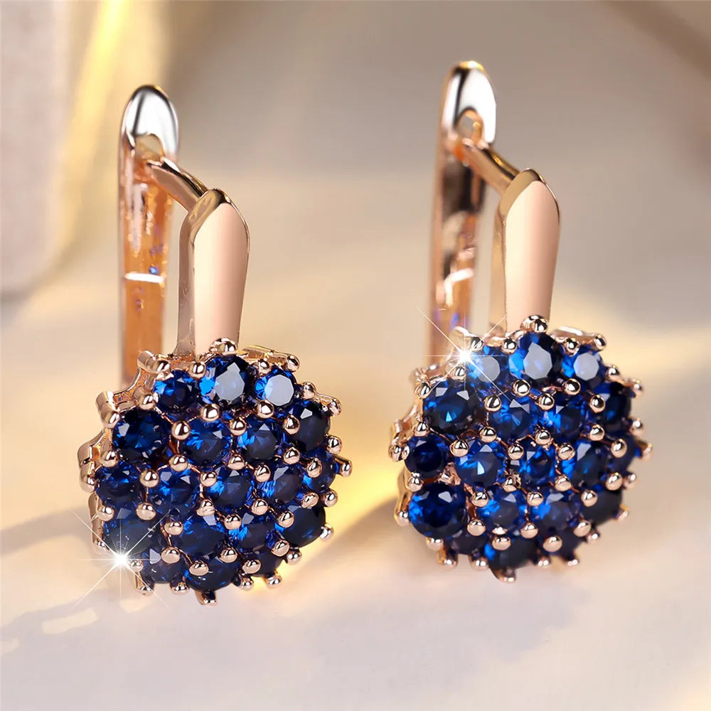 Leuke Zonnebloem Blauw Kristal Ronde Zirkoon Hoepel Oorbellen Voor Vrouwen Goud Kleur Bruiloft Bloem Sieraden Verlovingscadeau