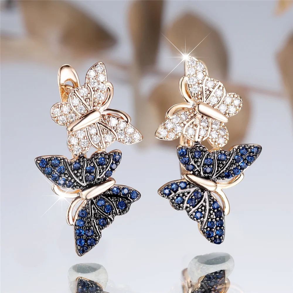 Charme Vrouwelijke Wit Blauw Kristal Zirkoon Steen Vlinder Hoepel Oorbellen Goud Kleur Eenvoudige Bruiloft Sieraden Voor Vrouwen
