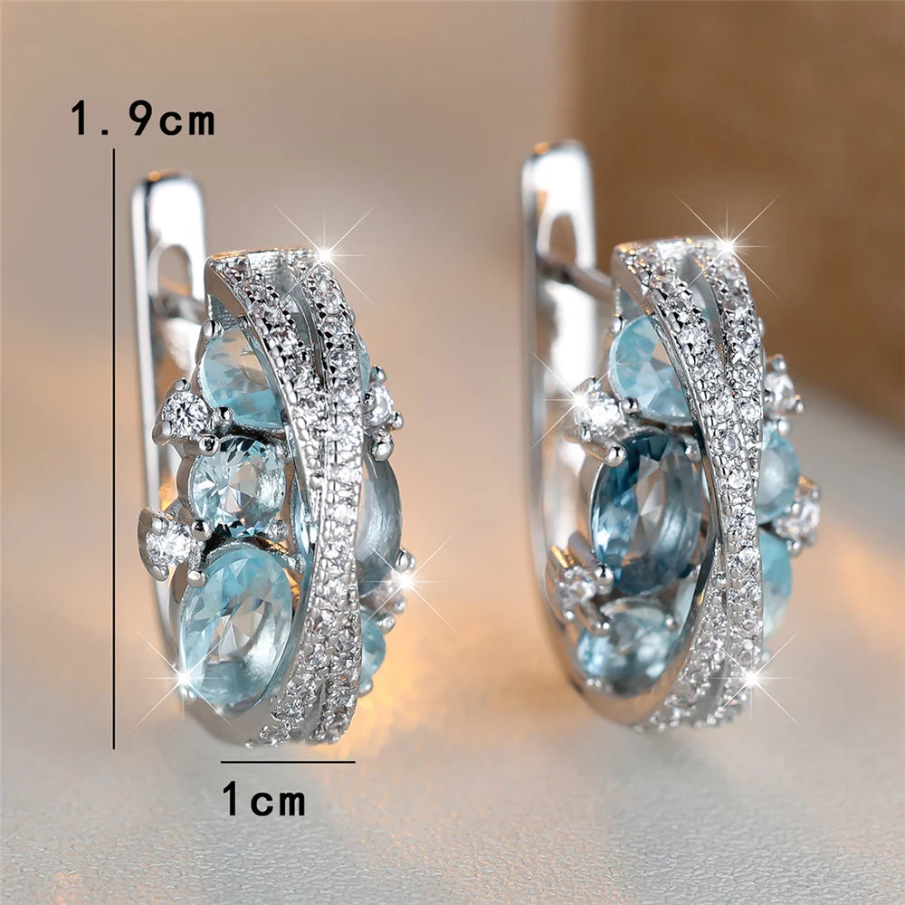 Charme Vrouwelijke Roze Blauw Kristal Zirkoon Steen Hoepel Oorbellen Zilver Kleur Eenvoudige Bruiloft Sieraden Voor Vrouwen