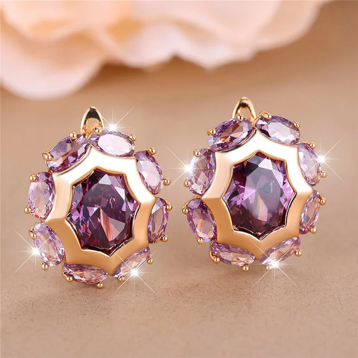 Luxe Vrouwelijke Paarse Zirkoon Steen Clip Oorbellen Charme Goud Kleur Bruiloft Sieraden Voor Vrouwen