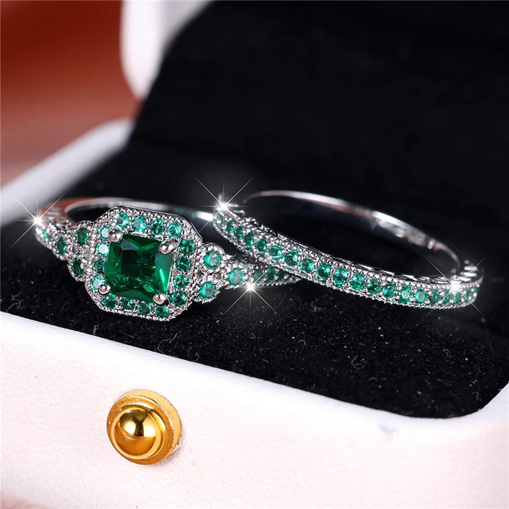 Luxe Vrouwelijke Groene Zirkoon Steen Verlovingsring Set Schattige Zilveren Kleur Bruiloft Sieraden Voor Vrouwen