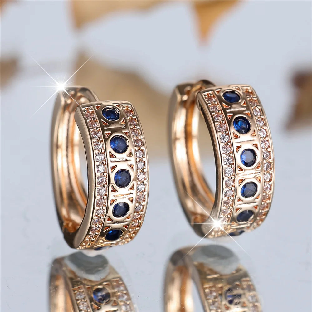 Leuke Vrouwelijke Blauwe Ronde Zirkoon Steen Hoepel Oorbellen Mode Gouden Kleur Bruiloft Sieraden Voor Vrouwen