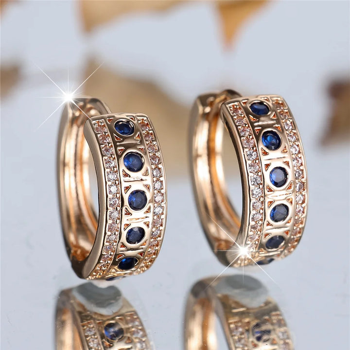 Leuke Vrouwelijke Blauwe Ronde Zirkoon Steen Hoepel Oorbellen Mode Gouden Kleur Bruiloft Sieraden Voor Vrouwen