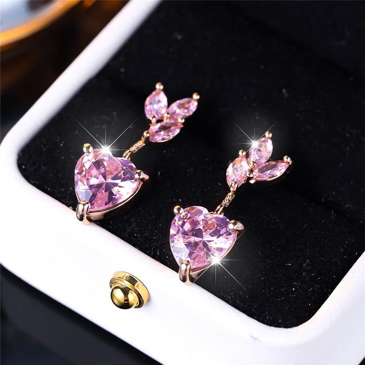 Bedel Vrouwelijke Roze Hart Boom Blad Zirkoon Steen Stud Oorbellen Goud Kleur Sierlijk Cadeau Bruiloft Sieraden Voor Vrouwen