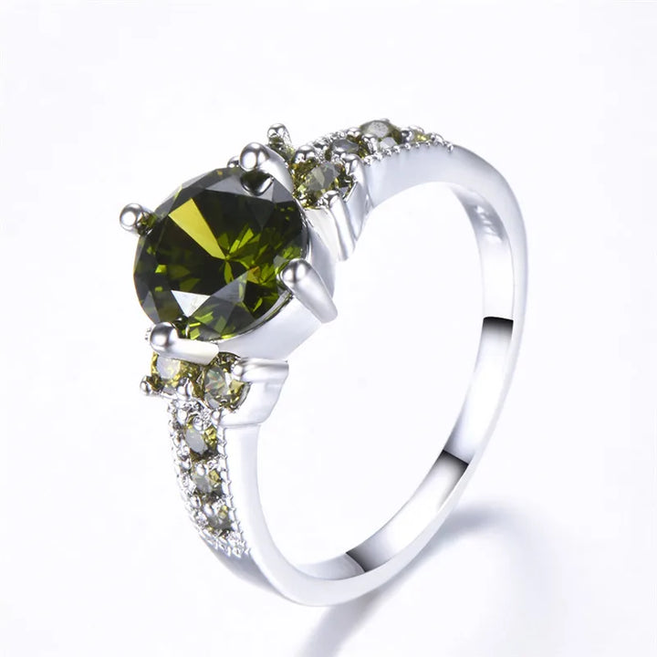 Luxe Vrouwelijke Charme Groen Roze Kristal Zilveren Kleur Ringen Voor Vrouwen Ronde Stenen Verloving Bruiloft Sieraden