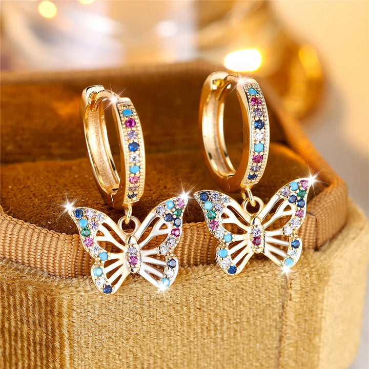 Leuke vrouwelijke kleurrijke vlinder ronde zirkoon steen hoepel oorbellen goud kleur unieke vriendin geschenken bruiloft sieraden voor vrouwen
