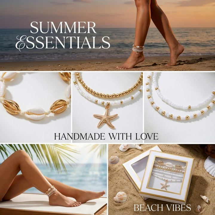 Mariselle | Starfish &amp; Shell Layered Anklet Set