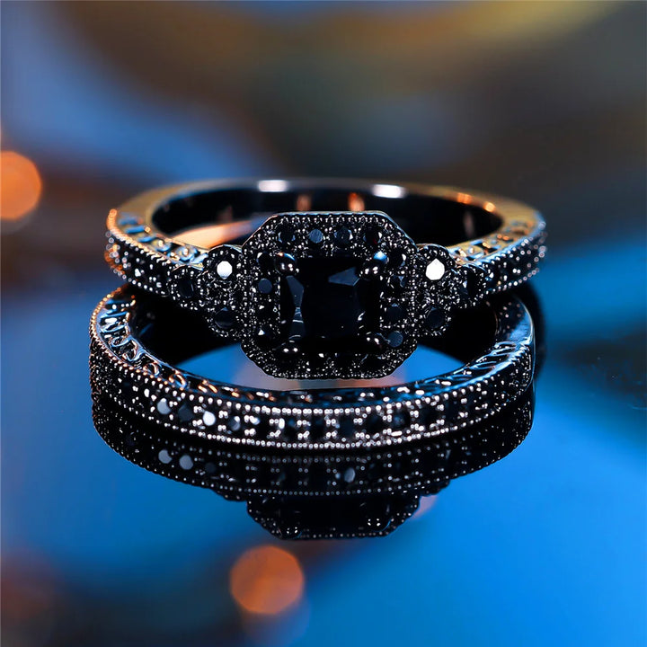 Midnight Promise | Black Square Crystal Ring Set