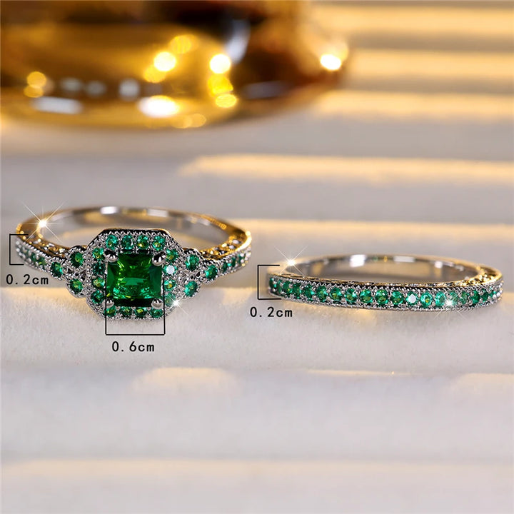 Luxe Vrouwelijke Groene Zirkoon Steen Verlovingsring Set Schattige Zilveren Kleur Bruiloft Sieraden Voor Vrouwen